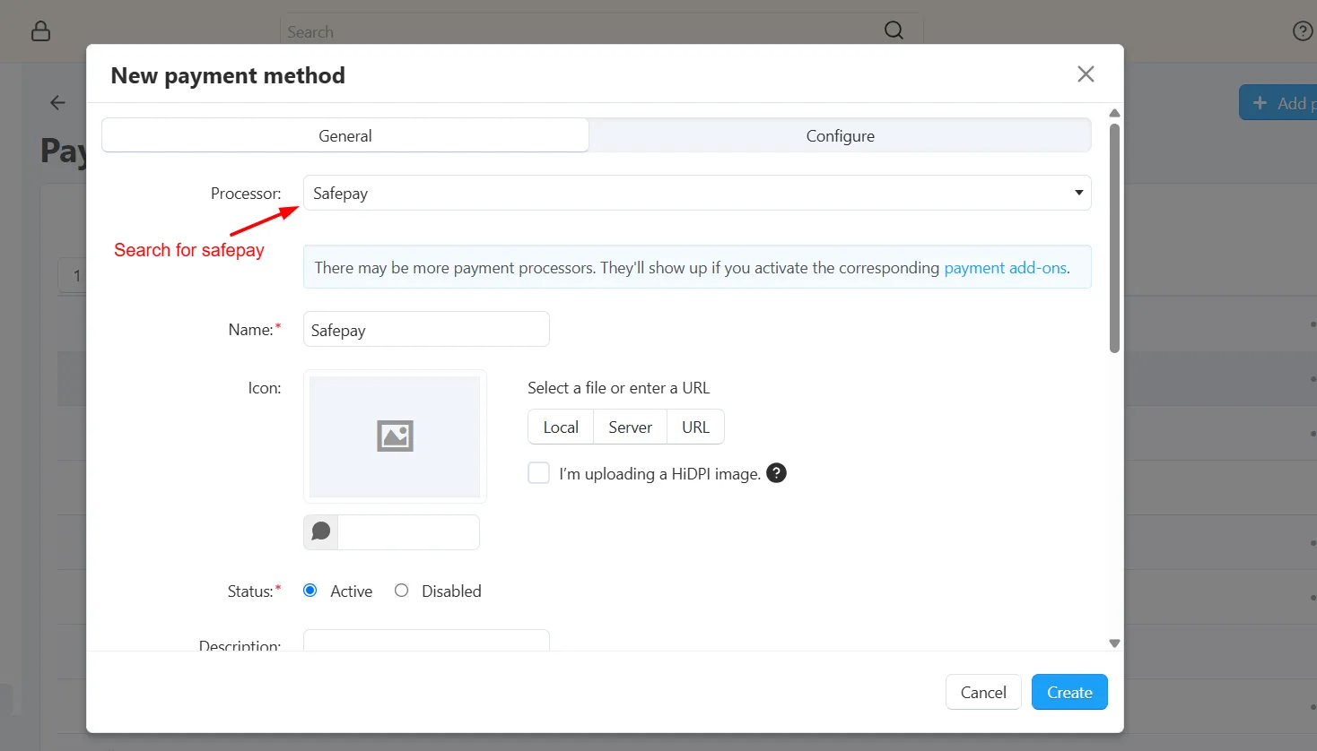 Selecting Safepay from the Processor dropdown
