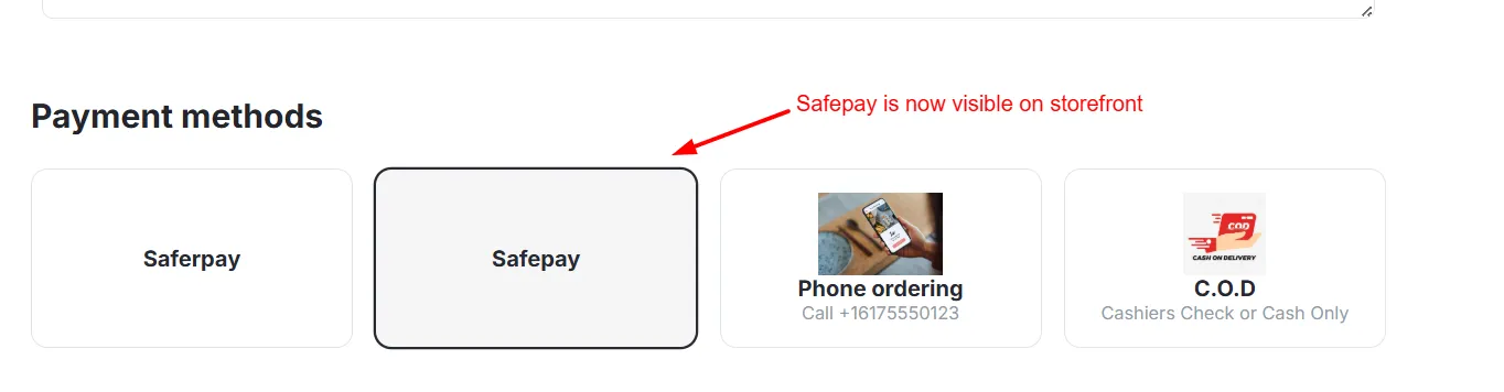 Safepay visible as a payment method on storefront checkout