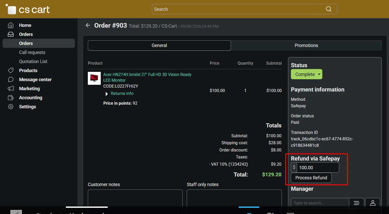 Refund button in vendor panel