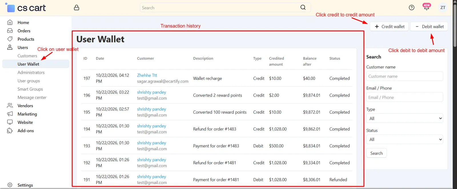 Admin wallet transactions list