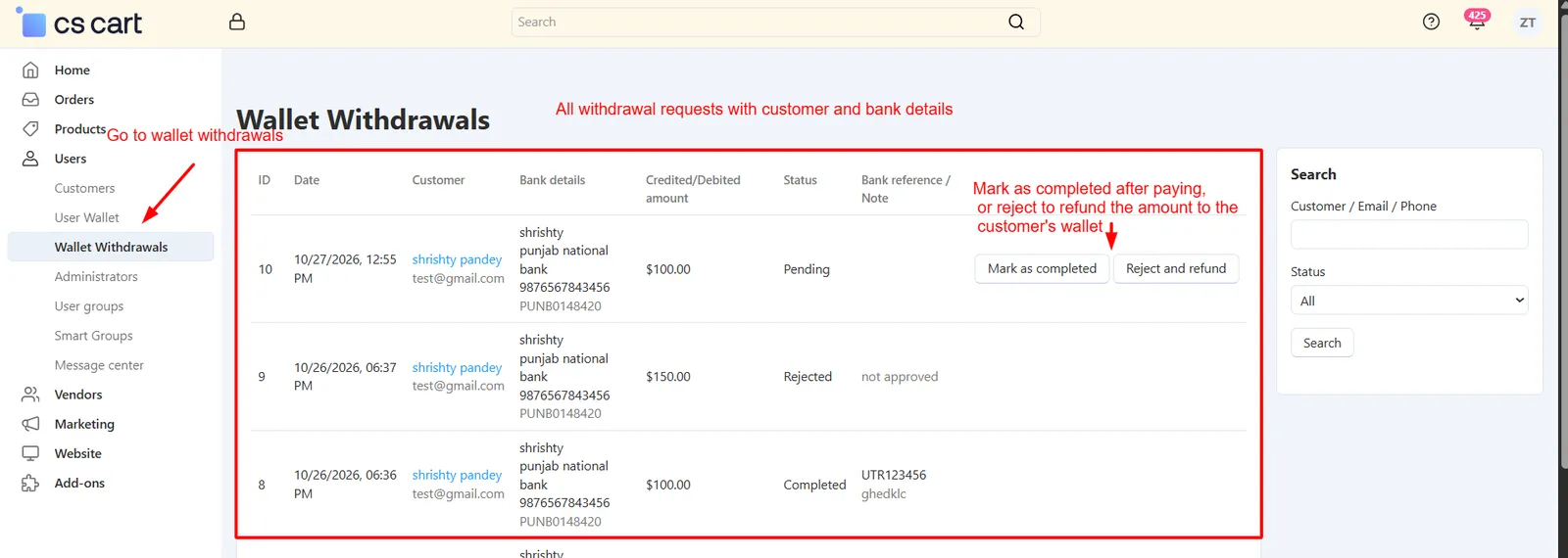 Admin withdrawal requests list