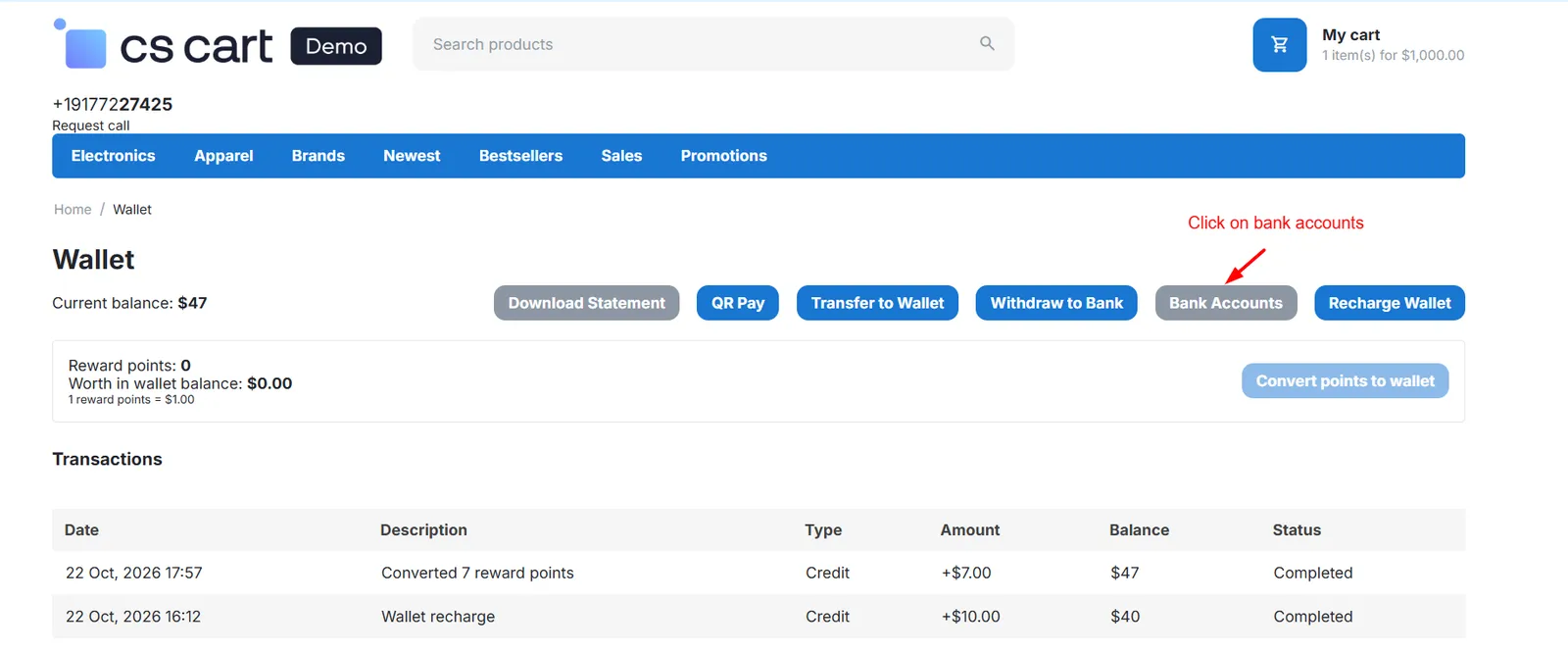 Customer bank accounts page
