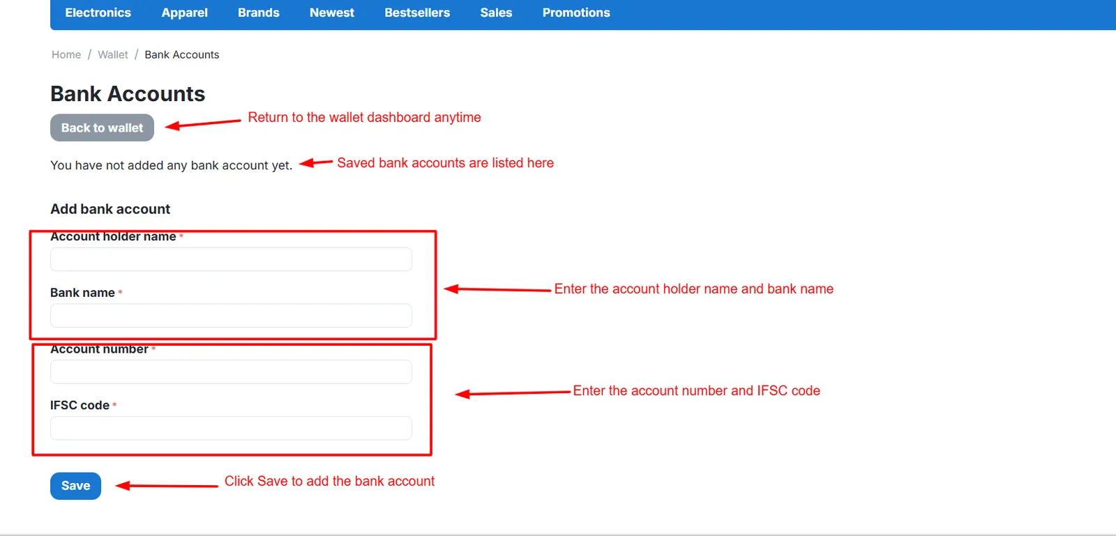 Customer bank accounts page