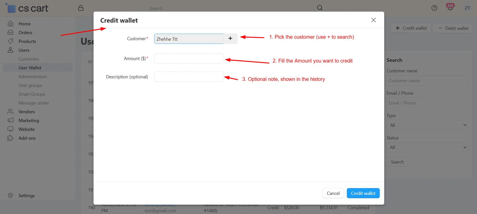 Credit wallet popup in admin panel