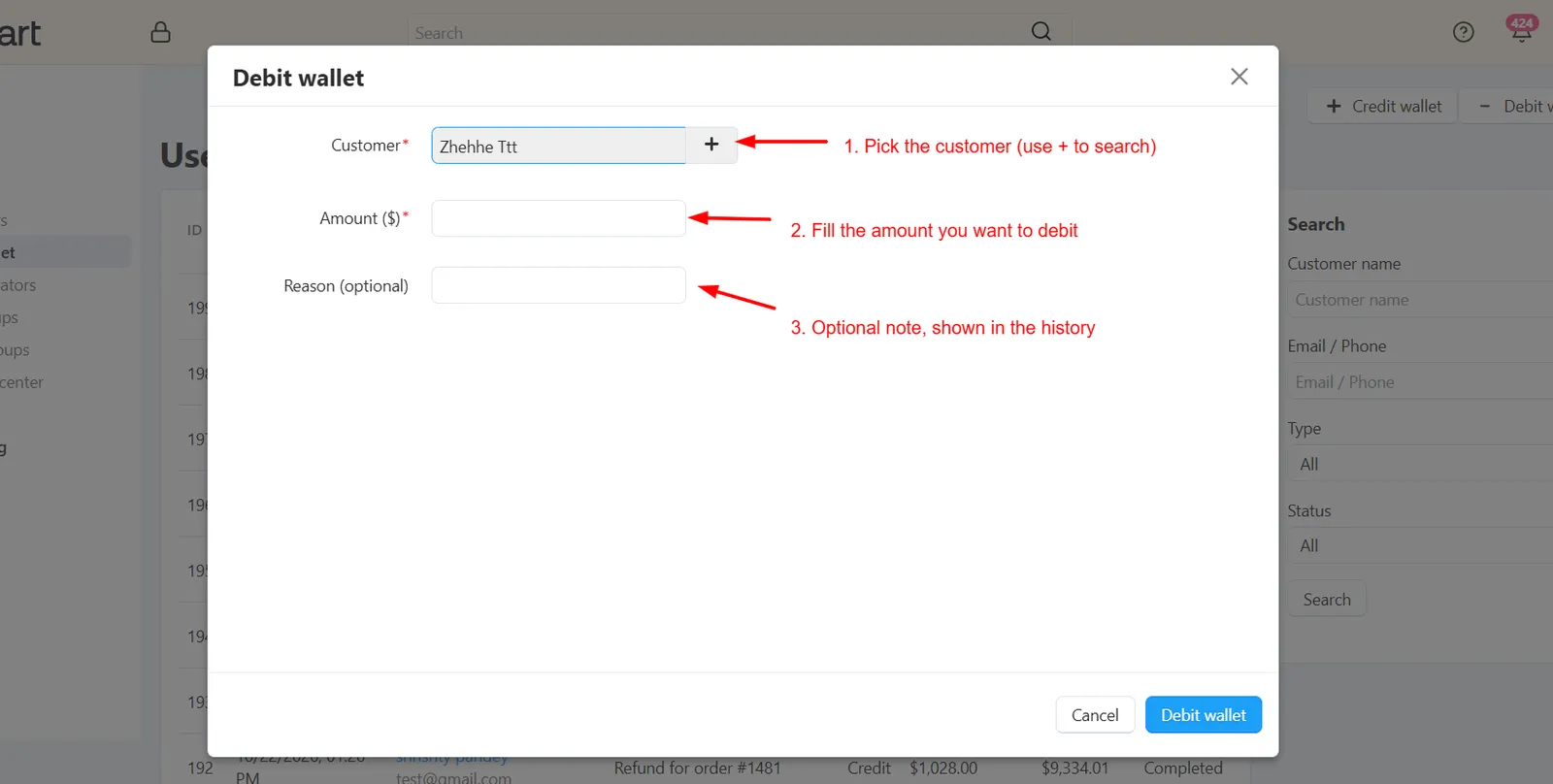 Debit wallet popup in admin panel