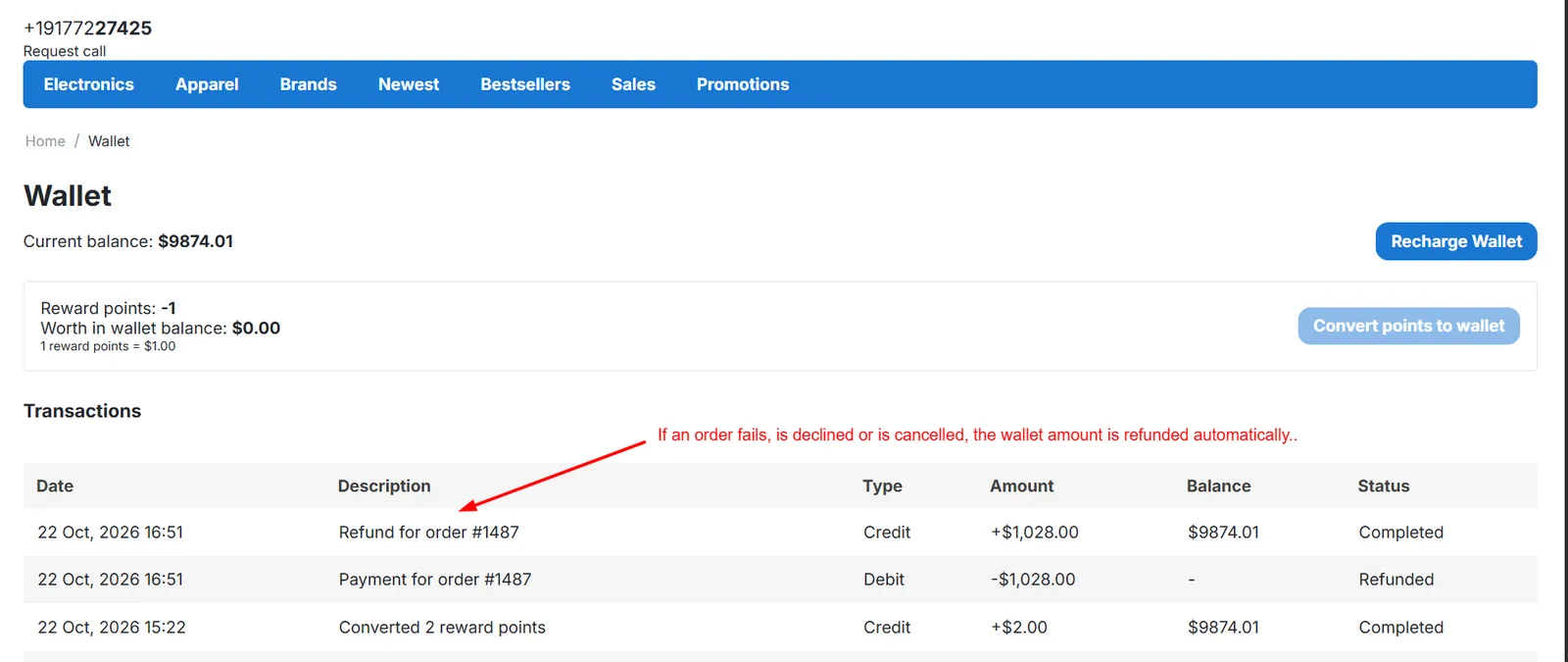 Automatic wallet refund in transaction history