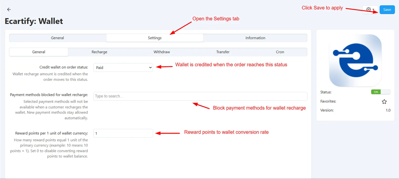 Wallet add-on settings – order status, payment methods, recharge and withdrawal limits