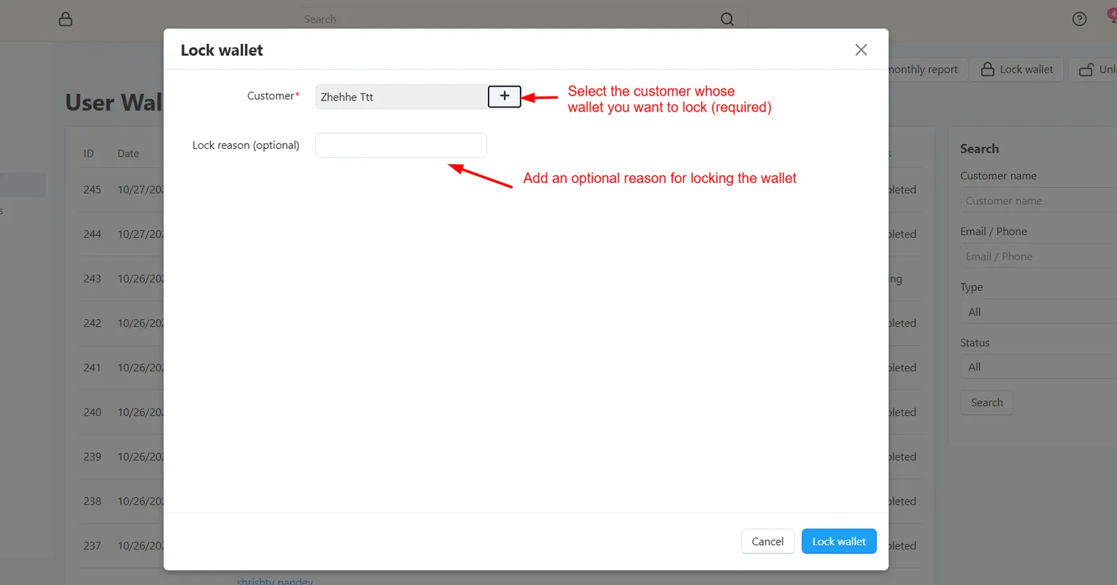 Lock wallet popup in admin panel