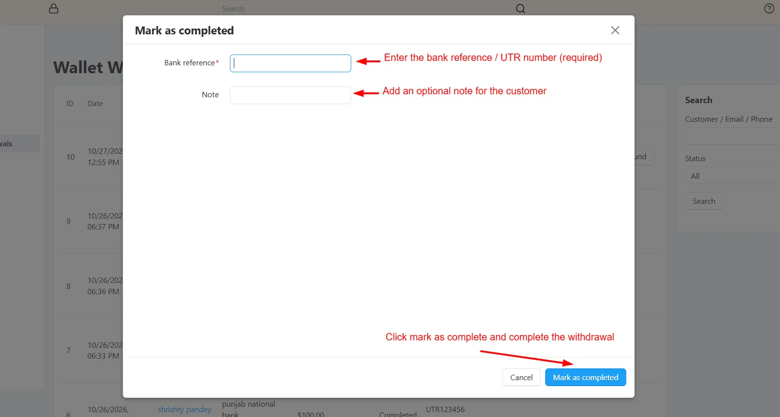 Complete withdrawal popup