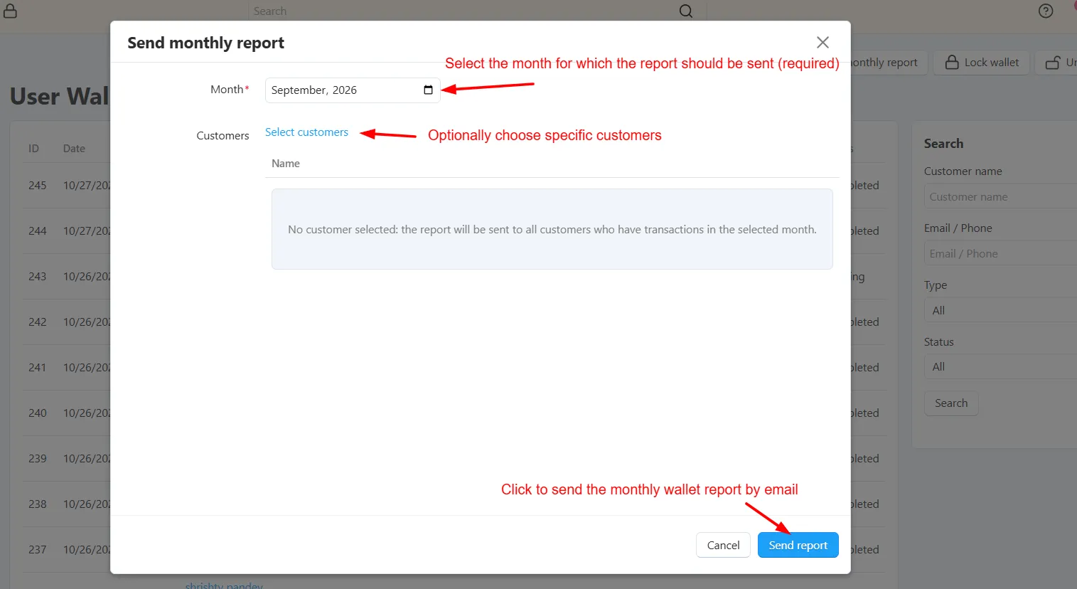 Monthly wallet report email