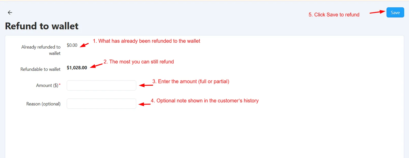 Refund order to wallet page