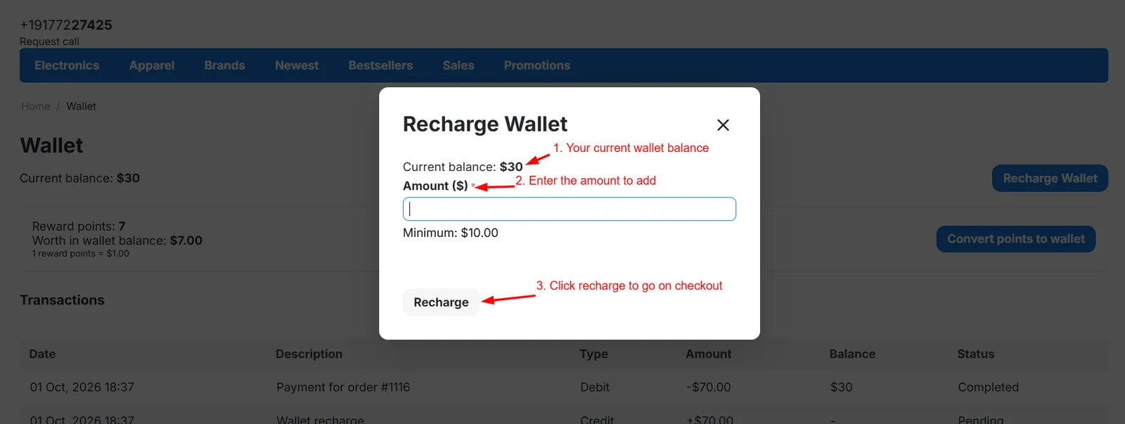 Wallet recharge form with minimum and maximum limits