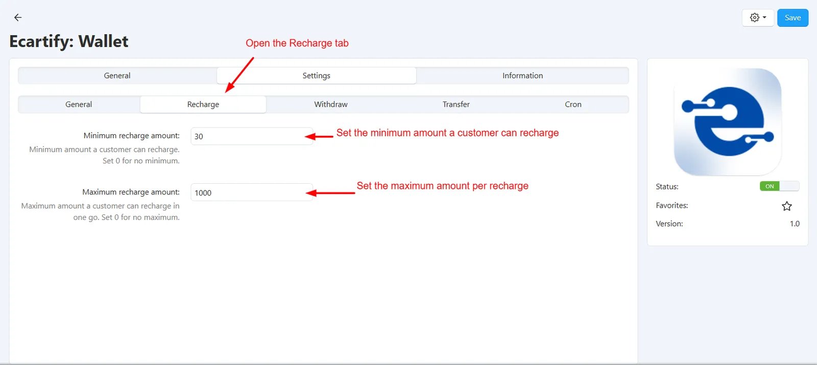Wallet add-on settings – transfer limits, reward points rate and cron settings