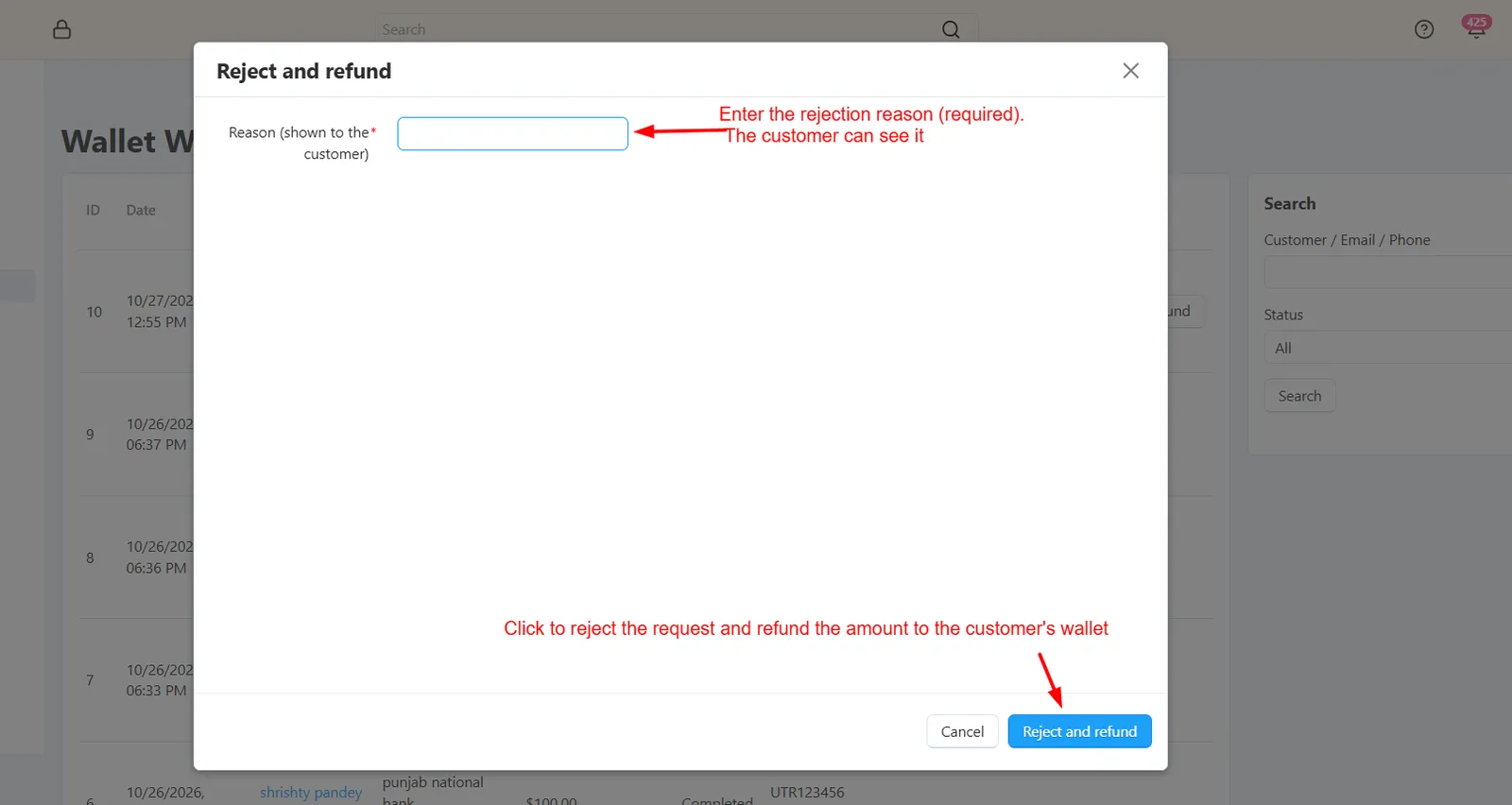 Reject withdrawal popup