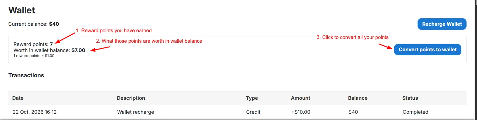 Convert reward points to wallet