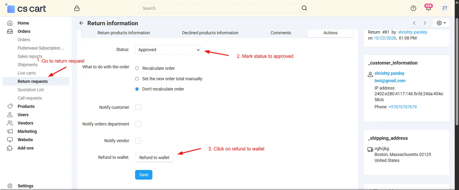 Refund to wallet button on return request
