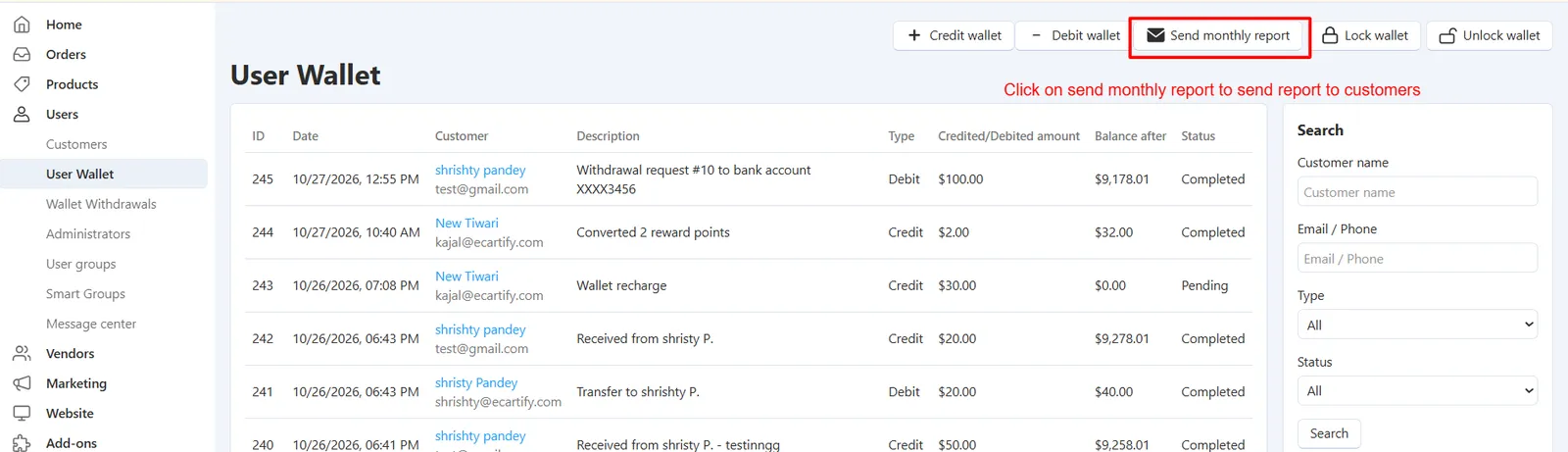Send monthly report popup in admin