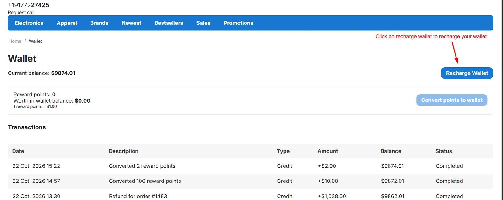 Customer wallet page with Recharge Wallet button