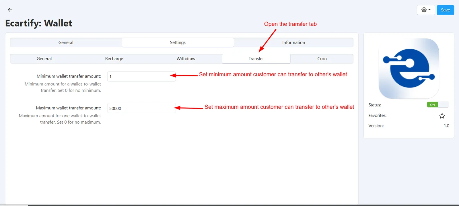 Wallet add-on settings – transfer limits, reward points rate and cron settings