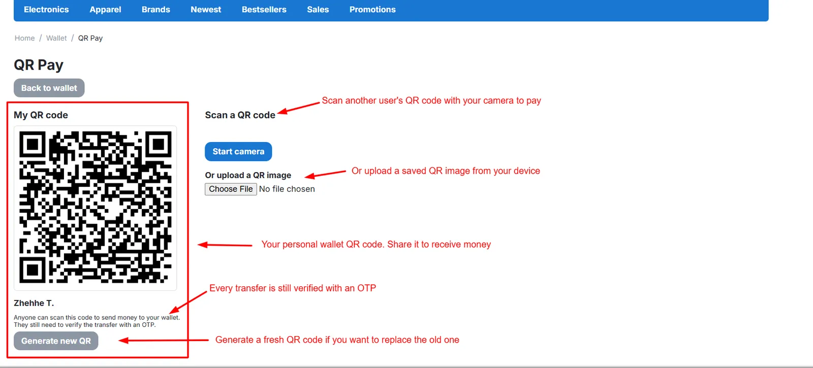 Customer wallet QR code page