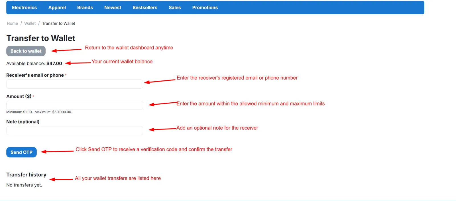 OTP verification for wallet transfer
