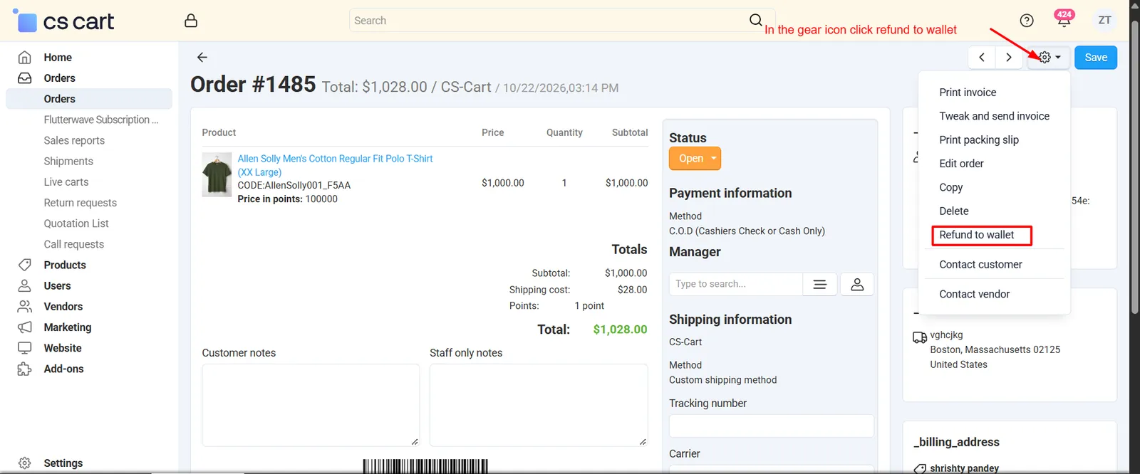 Refund to wallet option in order Tools menu