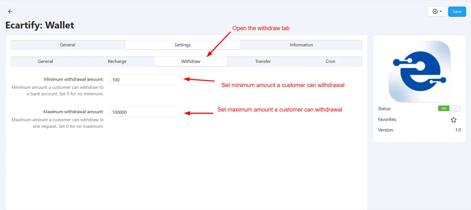Wallet add-on settings – transfer limits, reward points rate and cron settings