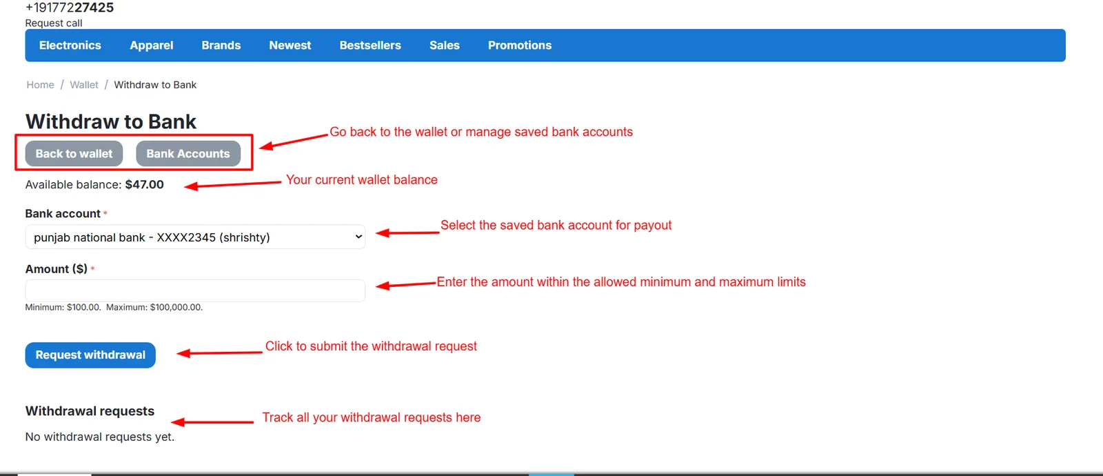 Withdraw to bank account form