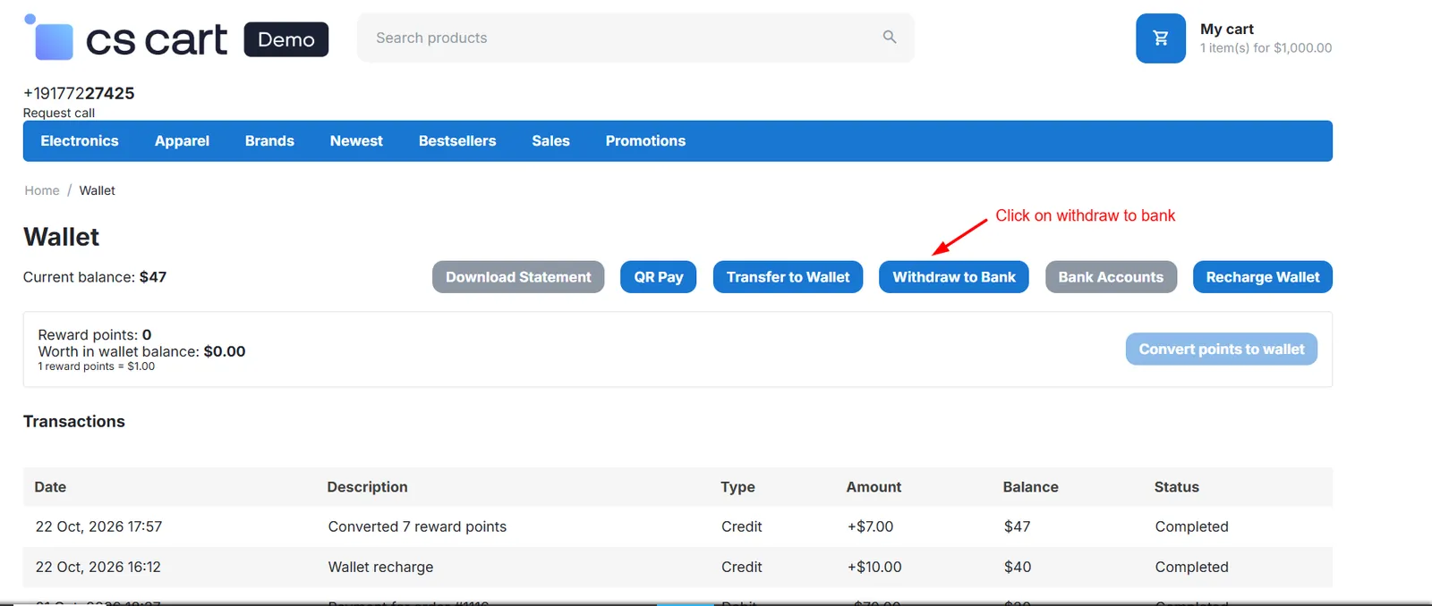 Withdraw button on the customer wallet page